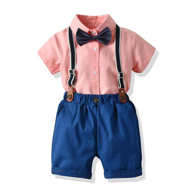 

2pcs British Summer Clothes Set Bow-tie T-shirtsSuspender Shorts Pants