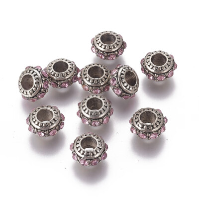 

Alloy European Beads with Rhinestone Large Hole Beads Rondelle Antique Silver Light Rose 13x7mm Hole 5mm