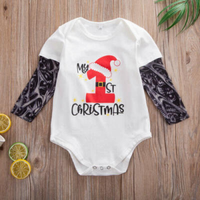 

US Newborn Baby Boy Tattoo Print Long Sleeve Xmas Cotton Romper Bodysuit Clothes