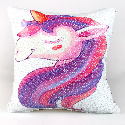 

Double Colors Reversible Sequin Pillowslip Cartoon Unicorn Printed Sofa Car Bed Chair Pillow Cover Shining Pillowcase