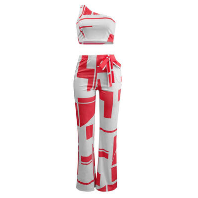 

2pcs Women Print Set One Shoulder Sleeveless TopsWide Legs Bandage Pants