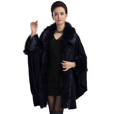 

Fashion Women Furry Cape Knit Wrap Scarf Shawl Cape Coat With Luxury Faux Fur Collar Sweater Plus Size 2019