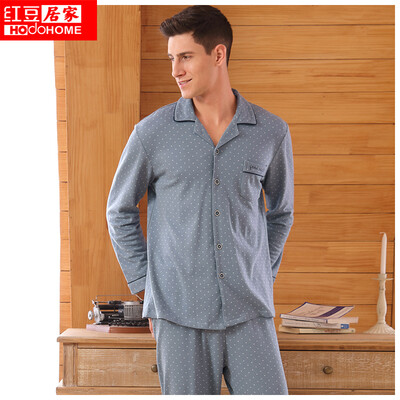 

Red bean home spring&autumn long-sleeved wave point couple pajamas suit mens trousers loose simple home service Z56 blue 17092A