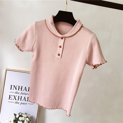 

Cute Crochet Peter Pan Collar Cute Female Teens T-shirt Short Sleeve Contrast Color Chic Womens Summer Cozy Tee Shirt New