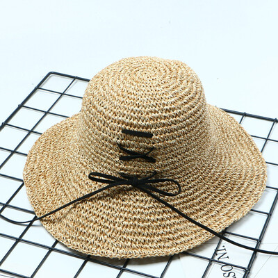 

Korean foldable handmade straw hat summer strap hat eaves seaside sunshade hat sunscreen Holiday Beach sunshade hat