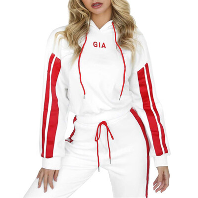 

Women Female Casual Sports Fashion All-match Color Matching Striped Lace Hooded Sweatershirt Suit