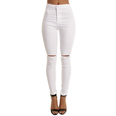 

Tailored Women Casual Slim Solid Hole Long Jeans Zippers Sexy Skinny Pants Daily Trousers