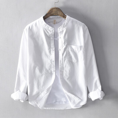 

New Oxford spinning collarless mens shirt mens casual standing collar four season long sleeve shirt