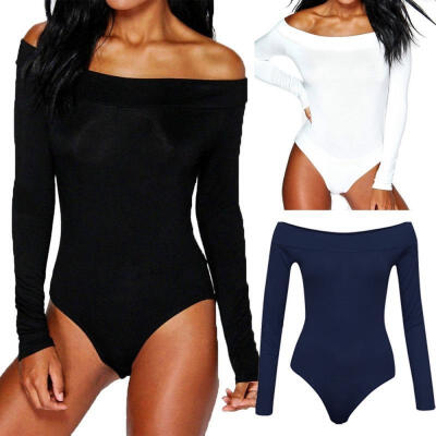 

Womens Ladies Off Shoulder Long Sleeve Bardot Bodysuit Leotard Top Plain Stretch