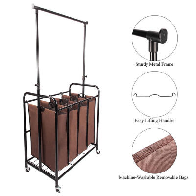 

4-bag Rolling Laundry Sorter with Hanging Bar Heavy-duty with Wheels & Larger Bags Brown