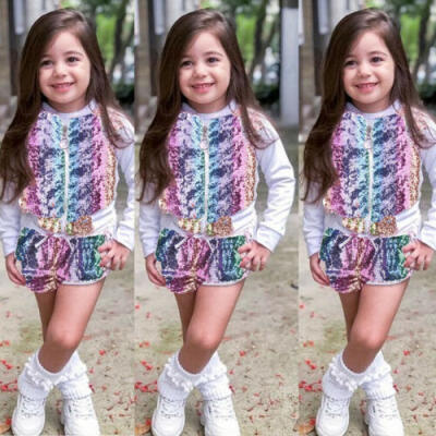 

Toddler Baby Kids Girl Shining Sequin Set Zipper Tops Jacket Shorts Outfits 1-7T