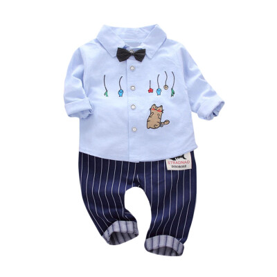 

2Pcs Infant Toddler Baby Boys Stripe Cat Print Tops Pants Outfits Clothes Set