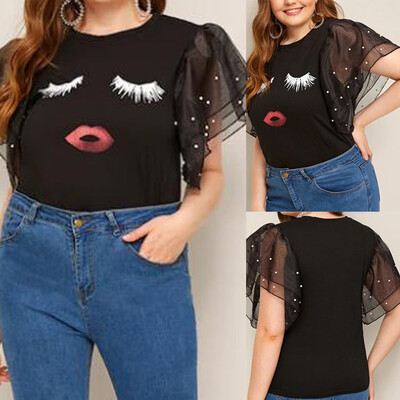 

Starmoon Womens Fashion Short Sleeve O-Neck Plus Contrast Pearl Beaded Mesh Cuff Tee