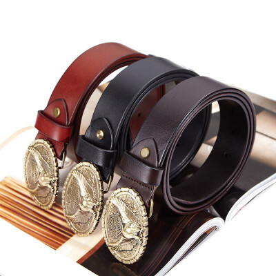 

Explosion models pure copper buckle eagle head Harley first layer leather belt mens smooth buckle wild belt star with t