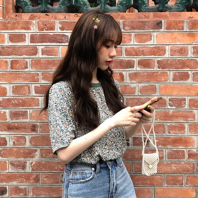 

Loose Floral Print Womens Tees Round Neck Short-sleeved Trend Tops