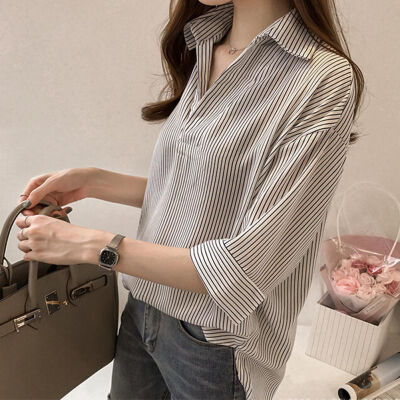 

Sexy V-Neck Striped Three Quarter T-Shirts Women Cotton&Chiffon Casual Tops Shirts