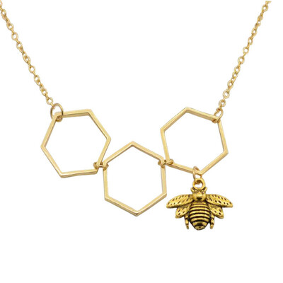 

1Pc Honeycomb Bumble Bee Hexagon Pendant Charm Gold Necklace Chain Women Jewelry