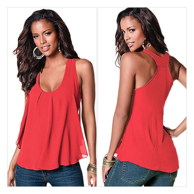 

White round neck sleeveless loose chiffon ruffled casual loose fashion top