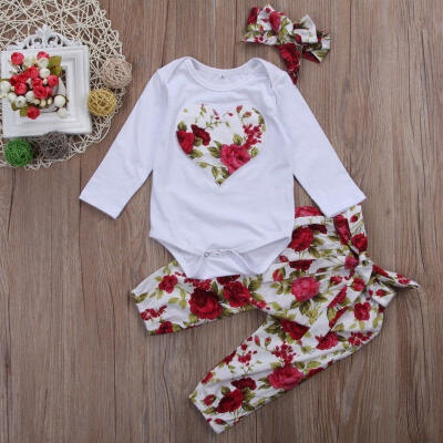 

3PCS Newborn Baby Girl Floral Clothes Romper Jumpsuit Bodysuit Long Pants Outfit