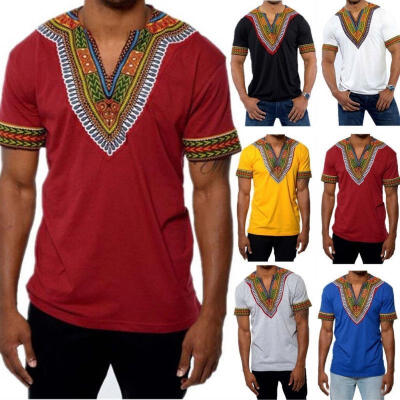 

New Men African Print Dashiki T-Shirt Top V neck Short Sleeve Casual Blouse