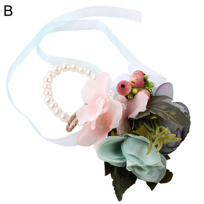 

Faux Pearl Wedding Bracelet Bridesmaid Bride Flower Ribbon Hand Wrist Corsage