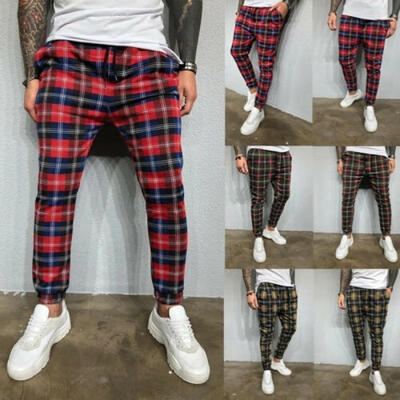 

Pop Fashion Men Plaid Casual Pants Joggers Slim Fit Skinny Casual Pencil Trousers