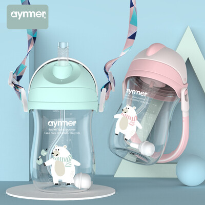 

Aynmer baby learning drinking cup portable child cup double handle with straw gravity ball to send strap blue 280ml