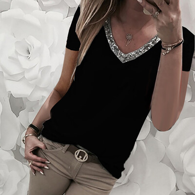 

Nomeni Fashion Women Casual Sexy Sequins Short Sleeve V-Neck Tops Casual Blouse T-Shirt