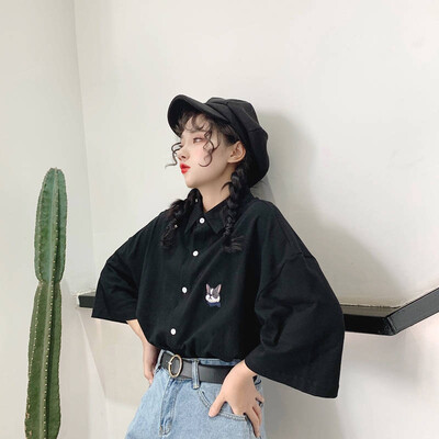 

Harajuku Cartoon Dog Print Blouse Tops Korean Causal Shirt Summer Loose Short Sleeve Turn-down Collar Shirts Woman Blusas