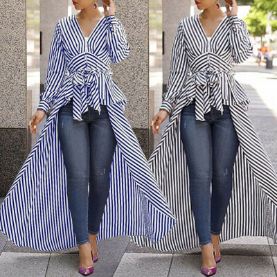 

Women Striped Long Sleeve Shirt Dress Blouse T-shirt Tunic Slim Casual Tops