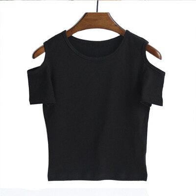 

Simple Solid Color Sexy Cold Shoulder T Shirt Women O-Neck Short Sleeve Short Tshirt Slim Cozy Wild Tee Shirt Femme