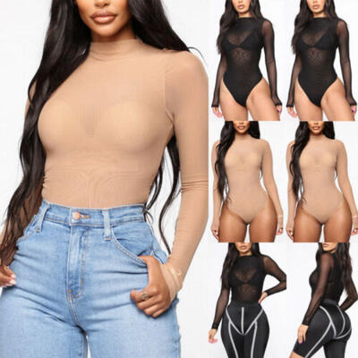 

Women Lady Long Sleeve Short Romper Jumpsuit Stretch Bodysuit Leotard Top Blouse