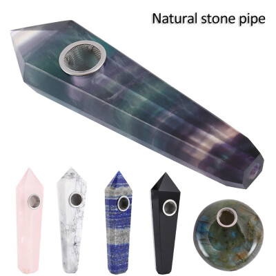 

6Six Style Pipe Natural Quartz Crystal Healing Fluorite Wand Stone Point w Carb Hole Smoking Pipe