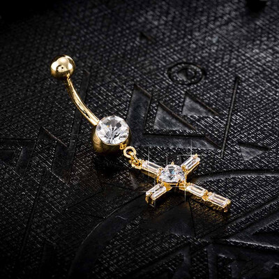 

Women Men Crystal Zircon Cross Pendant Navel Ring Belly Button Bar Ring Jewelry