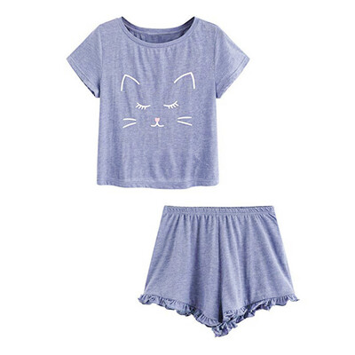

Roseonmyhand Womens Casual Cat Shorts Short Sleeve Ruffled T-Shirt Sleepwear Nightwear Set