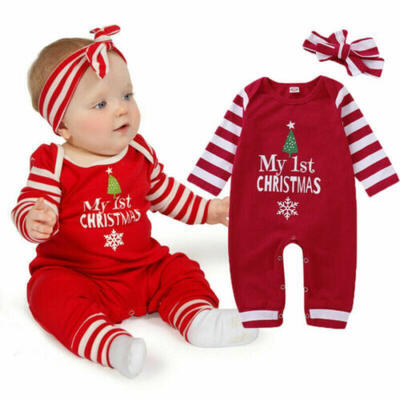 

Infant Baby Girl My 1st Christmas Long Sleeve Striped Romper Jumpsuit Headband