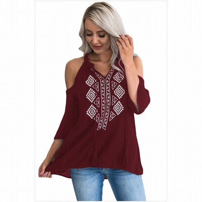 

V-neck seven-point sleeve retro embroidery cold shoulder casual straight top