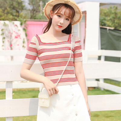 

Fashion Knit Striped Short Sleeve Square Neck Slim Fit T-shirt Women Summer Casual Tops