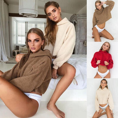 

Women&39s Crop Tops Hoodie Jumper Sexy Lambswool Coat Sports Pullover Tops