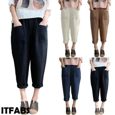 

Summer Women Casual Loose High Waist Long Pants Linen Cotton Elastic Trousers