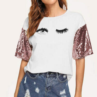 

Women Sequin Short Sleeve Loose T Shirts Ladies Summer Casual Blouse Tops Shirt