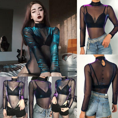 

Sexy Black Bodysuits Tops Women Long Sleeve See-through Mesh Bodysuit Clubwear