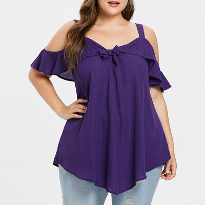 

Starmoon Women Plus Size Cold Shoulder Camis Bow Asymmetric Chiffon Ruffles Tops Tee