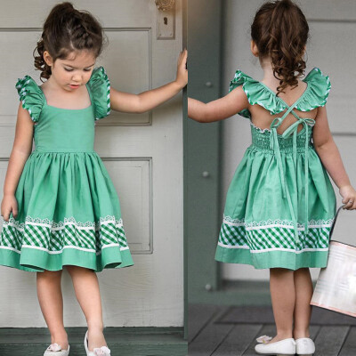 

Summer Toddler Baby Girls Sleeveless Plaid Print Backless Lace Clothes Dresses