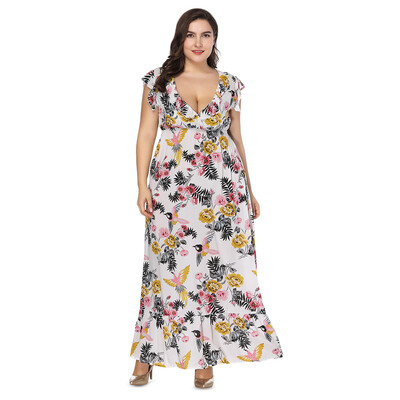 

Sexy Plunge Neck Short Sleeve Floral Print Plus Size Ruffle Women Maxi Dress