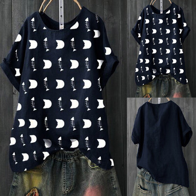 

Starmoon Women Ice Silk Wrinkle O-neck Short-sleeved Printed Fish Bone Casual Blouse Top