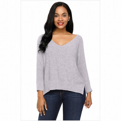 

V-neck long sleeve front short long long wool pullover loose casual knit sweater