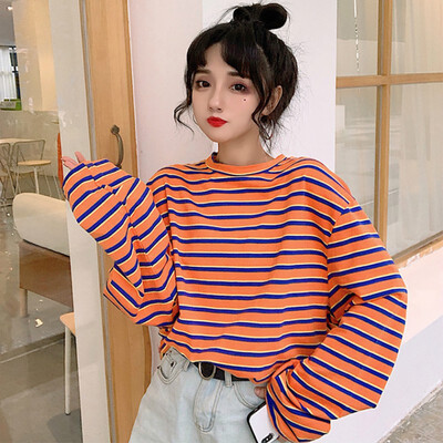 

Womens casual T-shirt Harajuku style long-sleeved T-shirt O-neck loose warm autumn spring striped basic T-shirt top