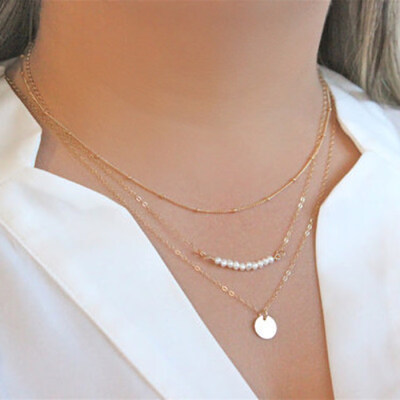 

Womens Stylish Faux Pearls Polished Coin Charm Pendant Three Layers Necklace
