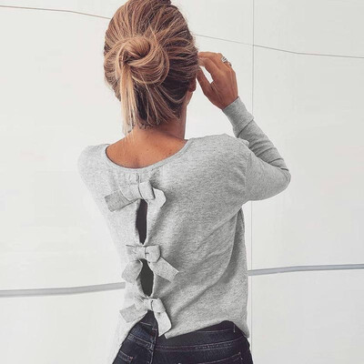 

Women Tops Colorful Stripes Print Solid Color Drop Shoulder Hollow Out Bow Long Sleeve Elegant Streetwear
